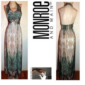 Main NWOT Green Brown Long Halter Maxi Dress